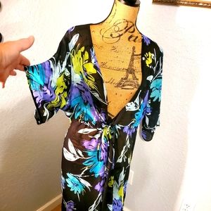Vibrant Tropical Escape Black Floral Swim Coverup w/ Teal, Purple & Lime Accents